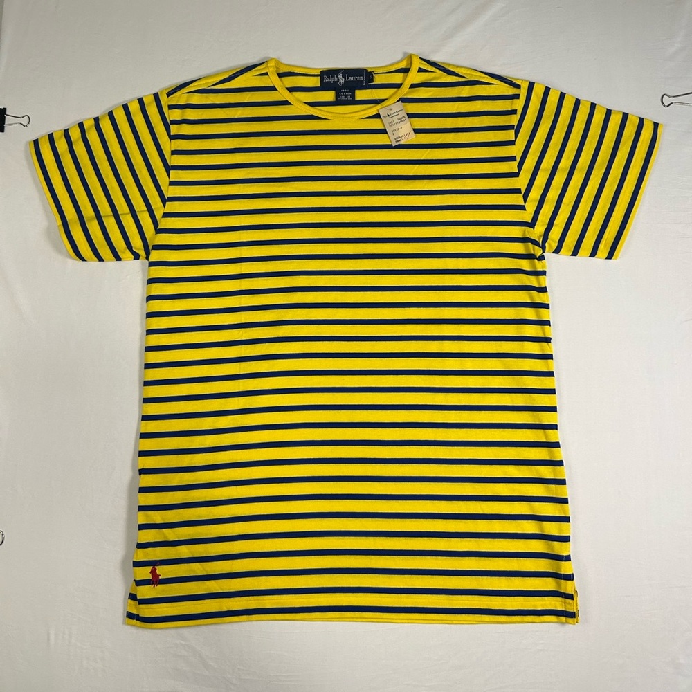 Vintage 1990s Polo Ralph Lauren Striped Embroidered T Shirt Navy Yellow S Tee